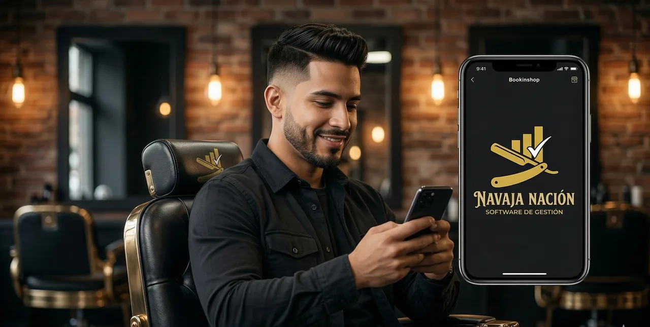 Barbero usando Navaja Nación desde su celular en la barbería